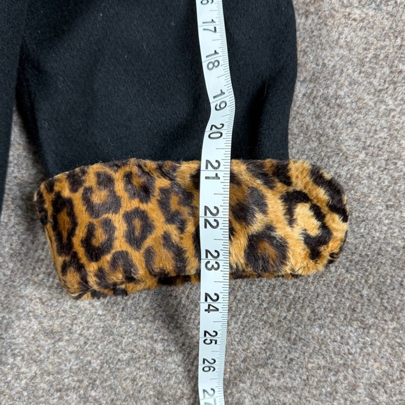 Vintage Black Open Front Wool Coat Leopard Fur Trim Women’s XL Mid Length Retro - Picture 8 of 16